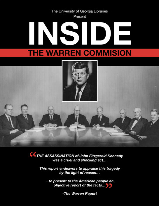 Cover image of INSIDE the Warren Commission with photo of John F. Kennedy above a photo men seated at a conference room table