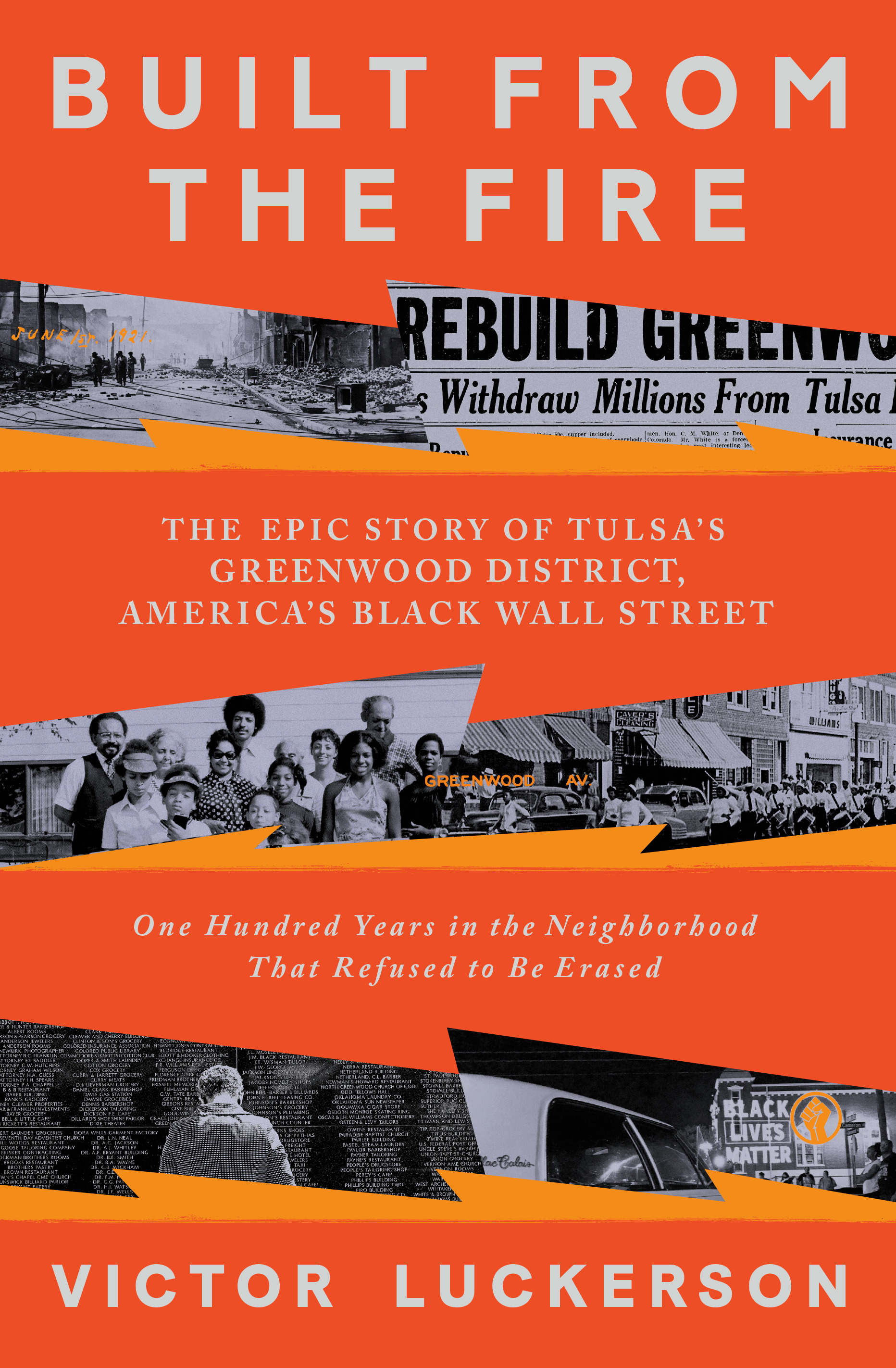 book cover of "Built from the Fire" with historic photos of black citizens and vibrant orange background