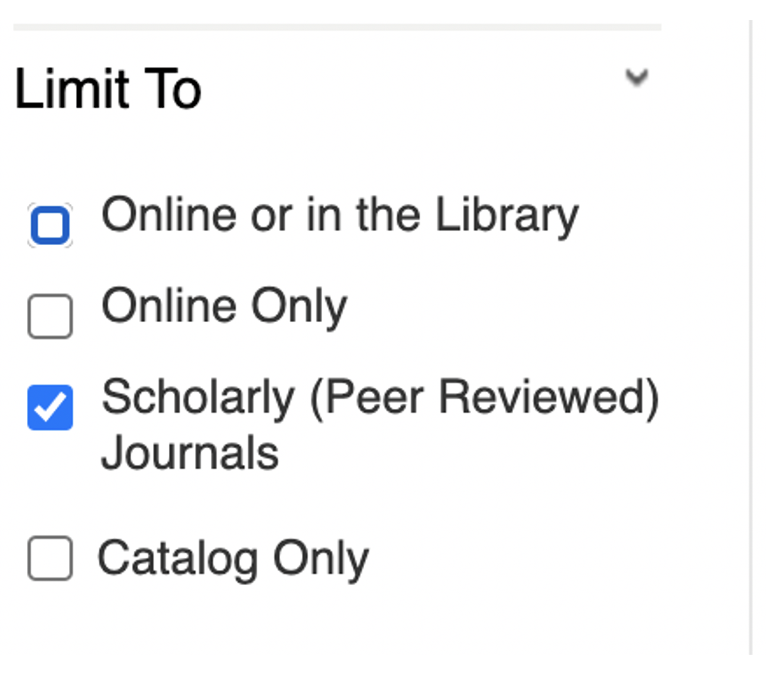 Database "Limit To" box that shows a checkbox for scholarly/peer-reviewed journals.