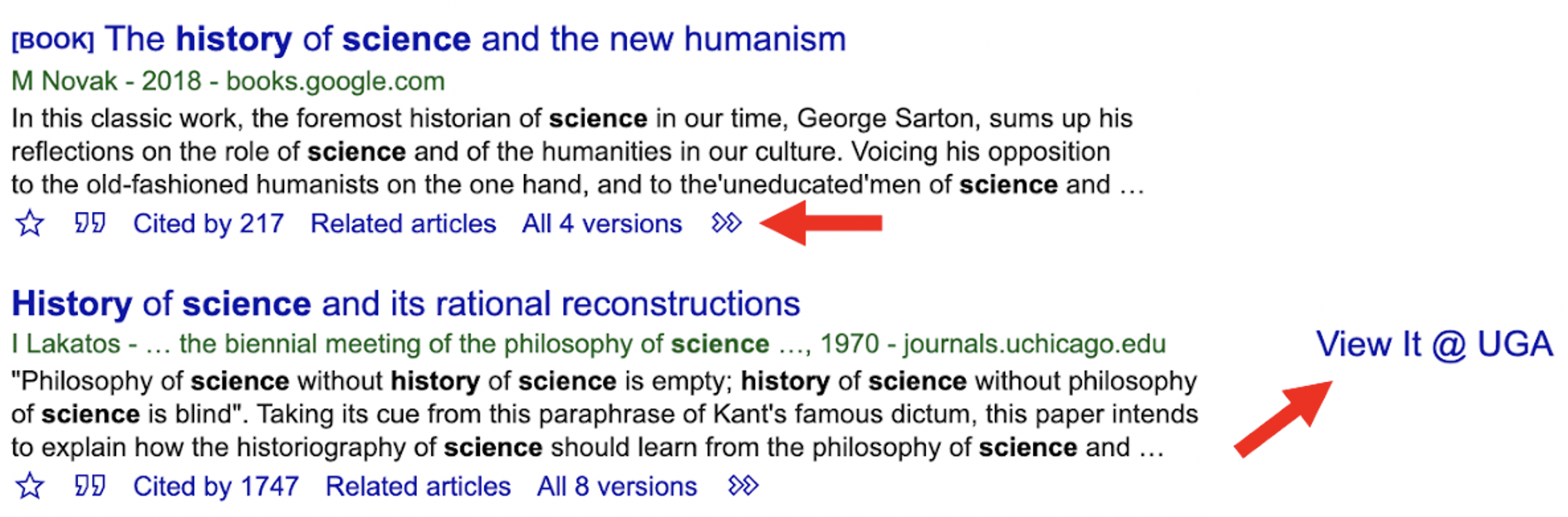 An arrow points at a VIEW IT @ UGA link in the margin of Google Scholar results. Another arrow points at the >> icon under a book citation in Google Scholar.  