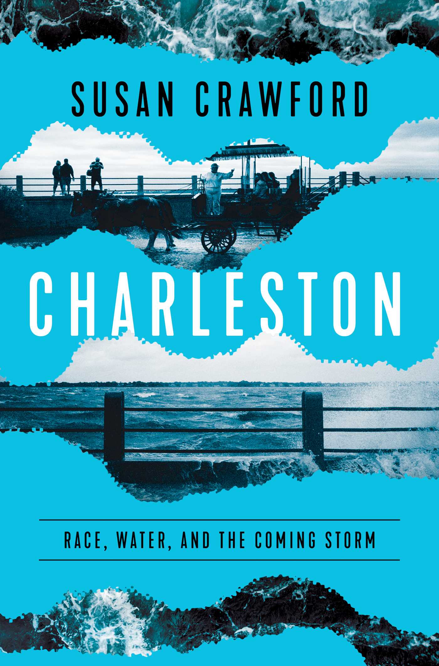book cover of Charleston: Race, Water, and the Coming Storm. Blue with cutout images of the coast and storm clouds