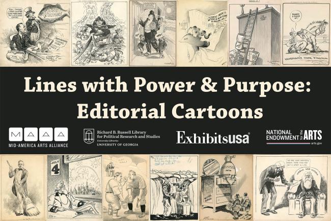 Logo for exhibit Lines with Power and Purpose showing editorial cartoons in the background.