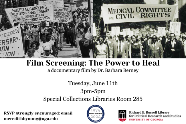 Documentary film "The Power to Heal" graphic with black and white photos from the Civil Right Movement Medical Committee