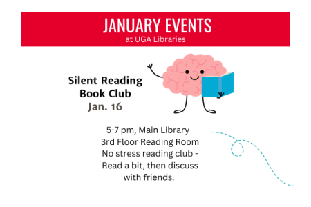 cartoon brain with a book with event info Silent Reading Book Club Jan. 16