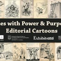 Logo for exhibit Lines with Power and Purpose showing editorial cartoons in the background.