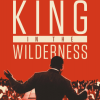 Red colored King in the Wilderness movie poster featuring outline sketch of MLK Jr.
